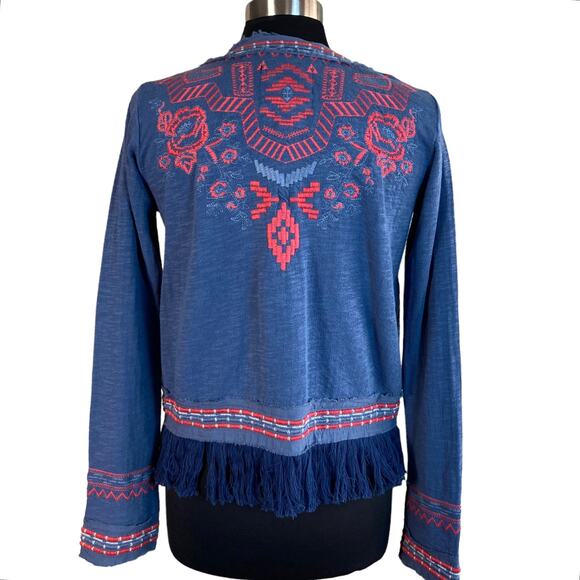Johnny Was Yatzil Fringe Jacket Blue Red Embroidery Sz Small Boho Western Hippie - Picture 6 of 10
